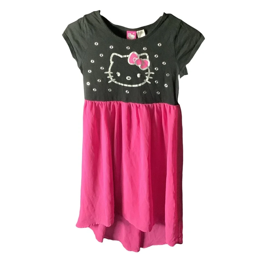 Hello Kitty Girls Dress Black Pink Hi‎ Lo Sparkle Sz L 10 12 Short Sleeve